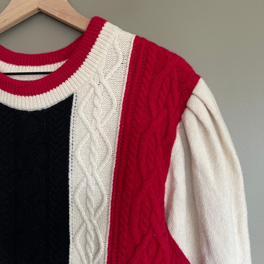 CLAUDIE PIERLOT Mixity Pullover Sweater Size Medium Red Black Cream Puff Sleeves - Picture 9 of 16
